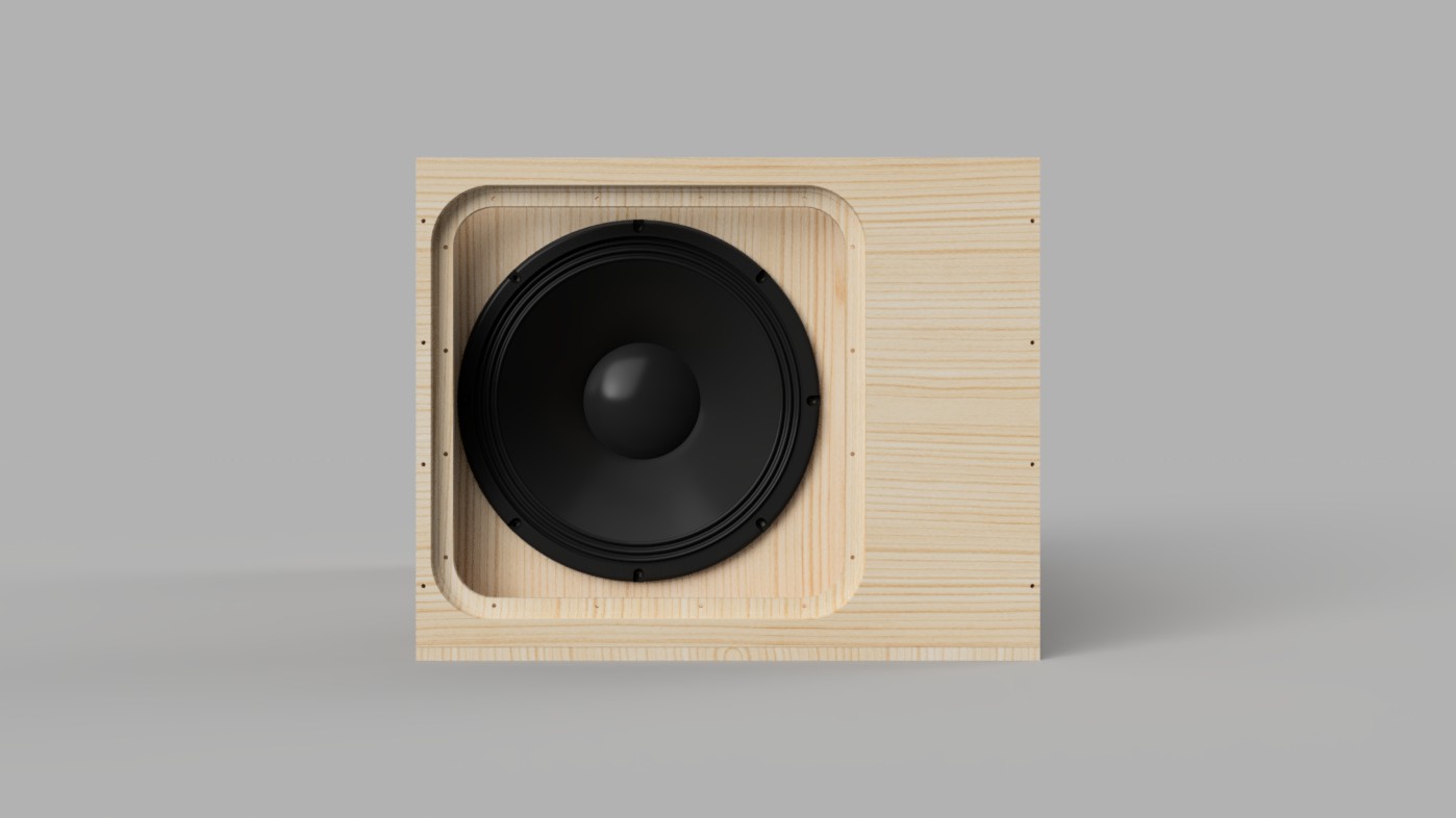 Side view of the subwoofer with access trap open